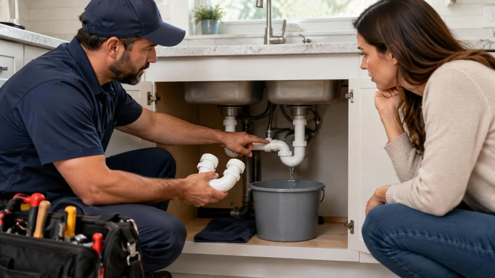 Kitchen Sink Trap Leak: Joints, Bucket, and Plumber Call